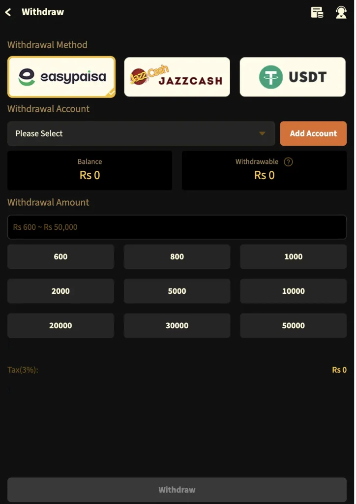 Withdraw methos on TOJAY BET Game APK